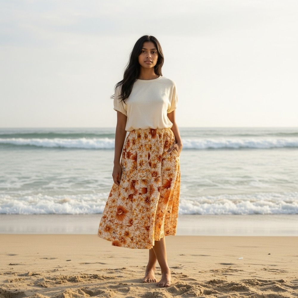 Band of the Free Women's Floral Hippie  Bohemian Ivory Yellow Rust Skirt Size M